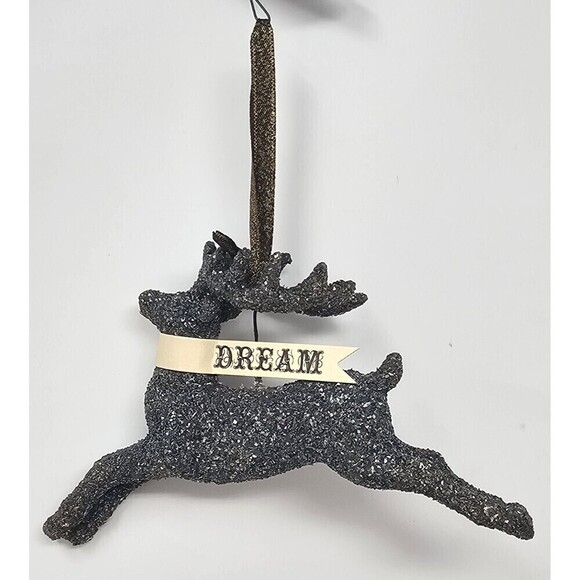 None Other - Vtg Glitter Resin Reindeer Christmas Tree Ornament Decoration Dream Banner 5.75"